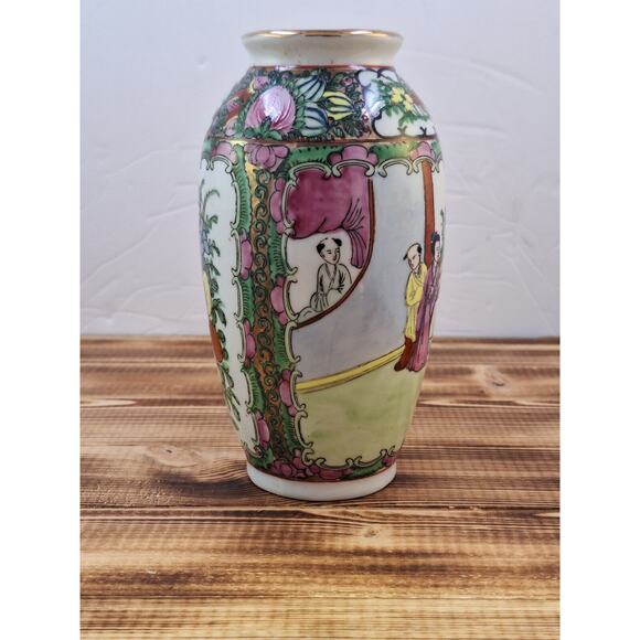 Chinese Red Dragon Stamp Family Rose Porcelain Vase Vtg 6" X 3" Floral Bird Deco - Picture 3 of 12